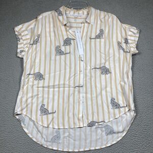Jane +‎ Delancey Top Women's Medium Cheetah Beige Stripe Button Up Short Sleeve